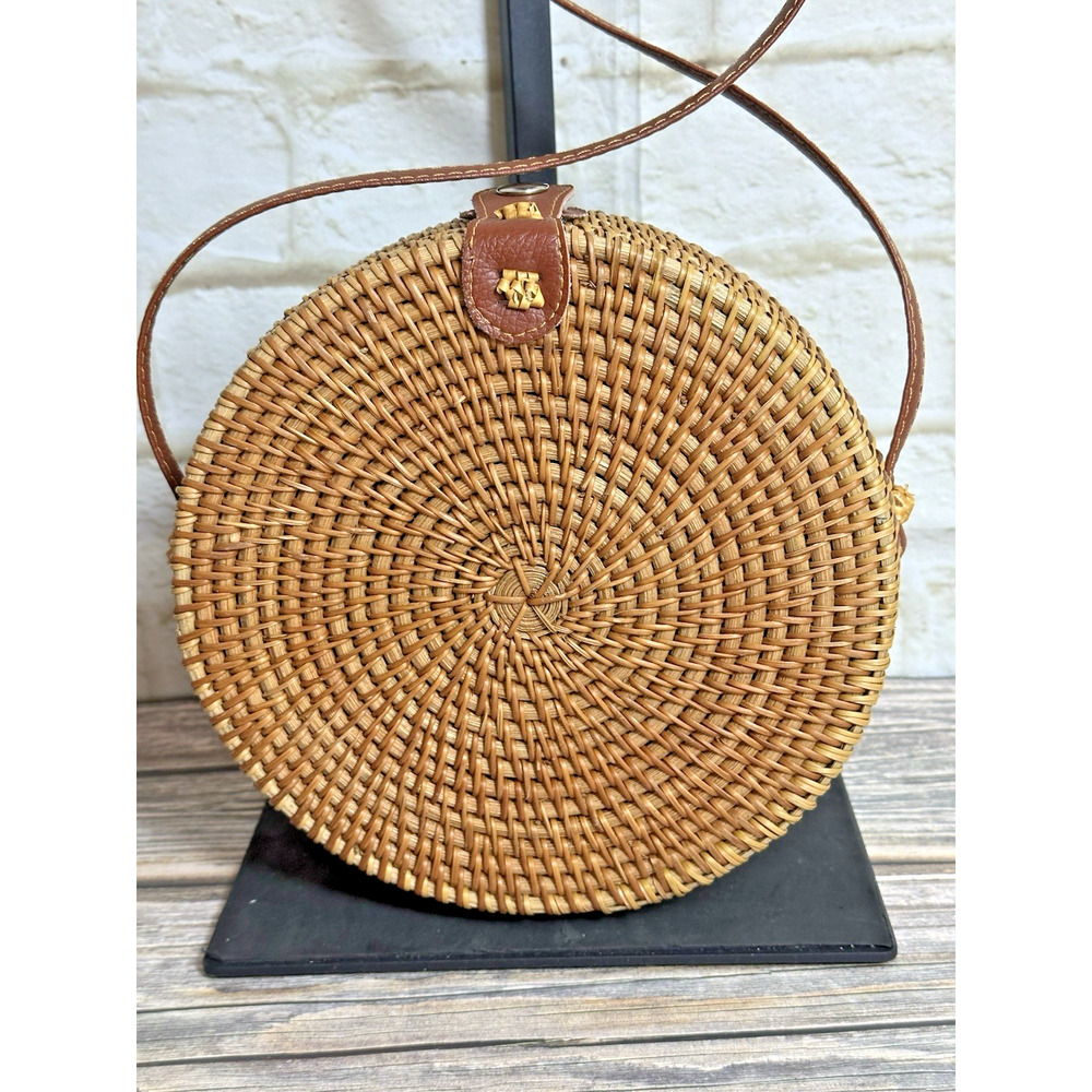 Vintage Wicker Rattan Circle Canteen‎ Style Boho Crossbody Bag Purse - Picture 10 of 16